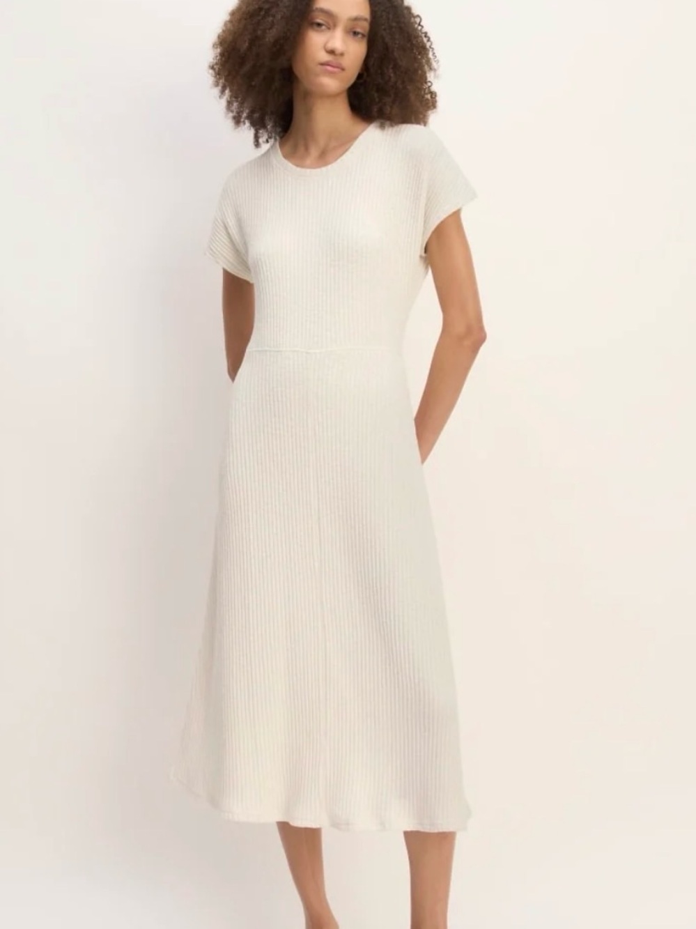 Everlane Cream The Rib-Knit Cap-Sleeve Midi Dress Organic Cotton M